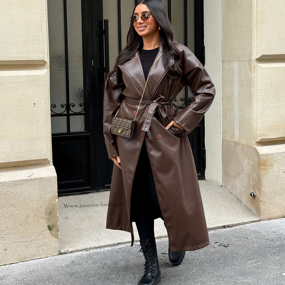 Brown Faux Leather Trench Coat