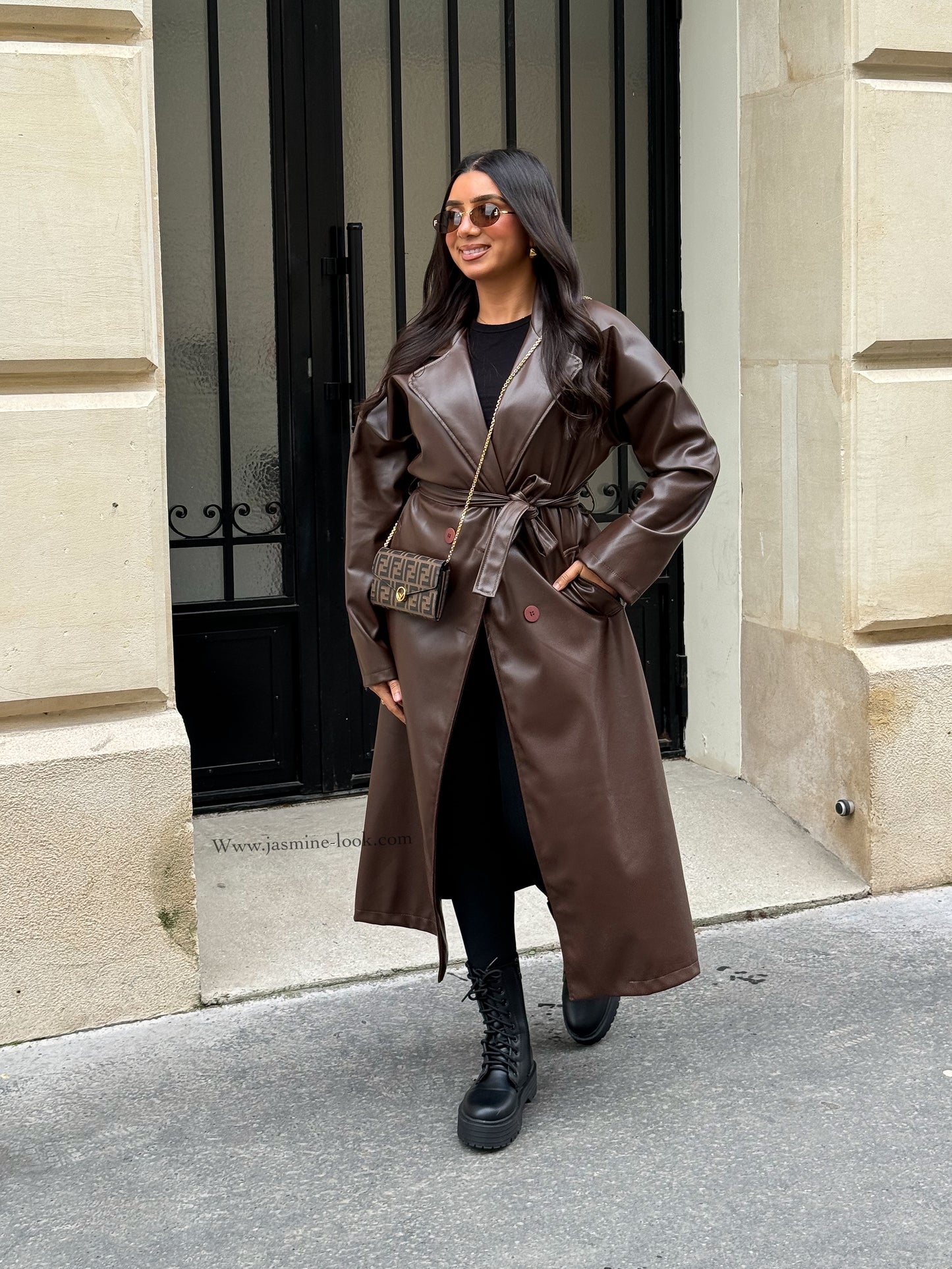 Brown Faux Leather Trench Coat