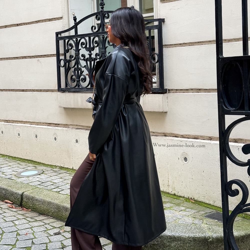 Black Faux Leather Trench Coat