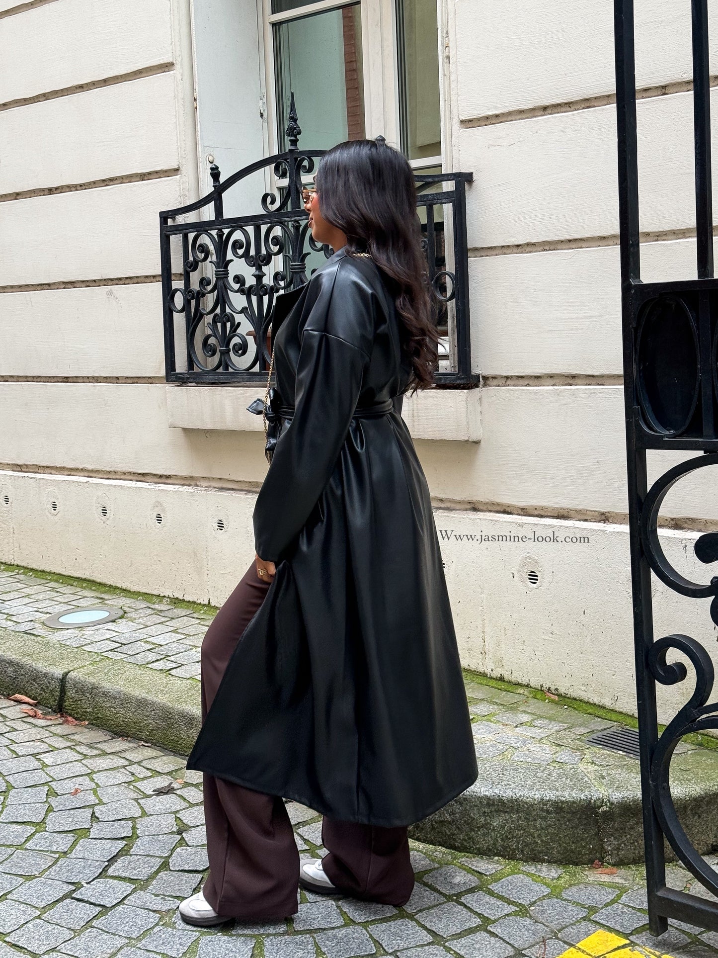 Black Faux Leather Trench Coat