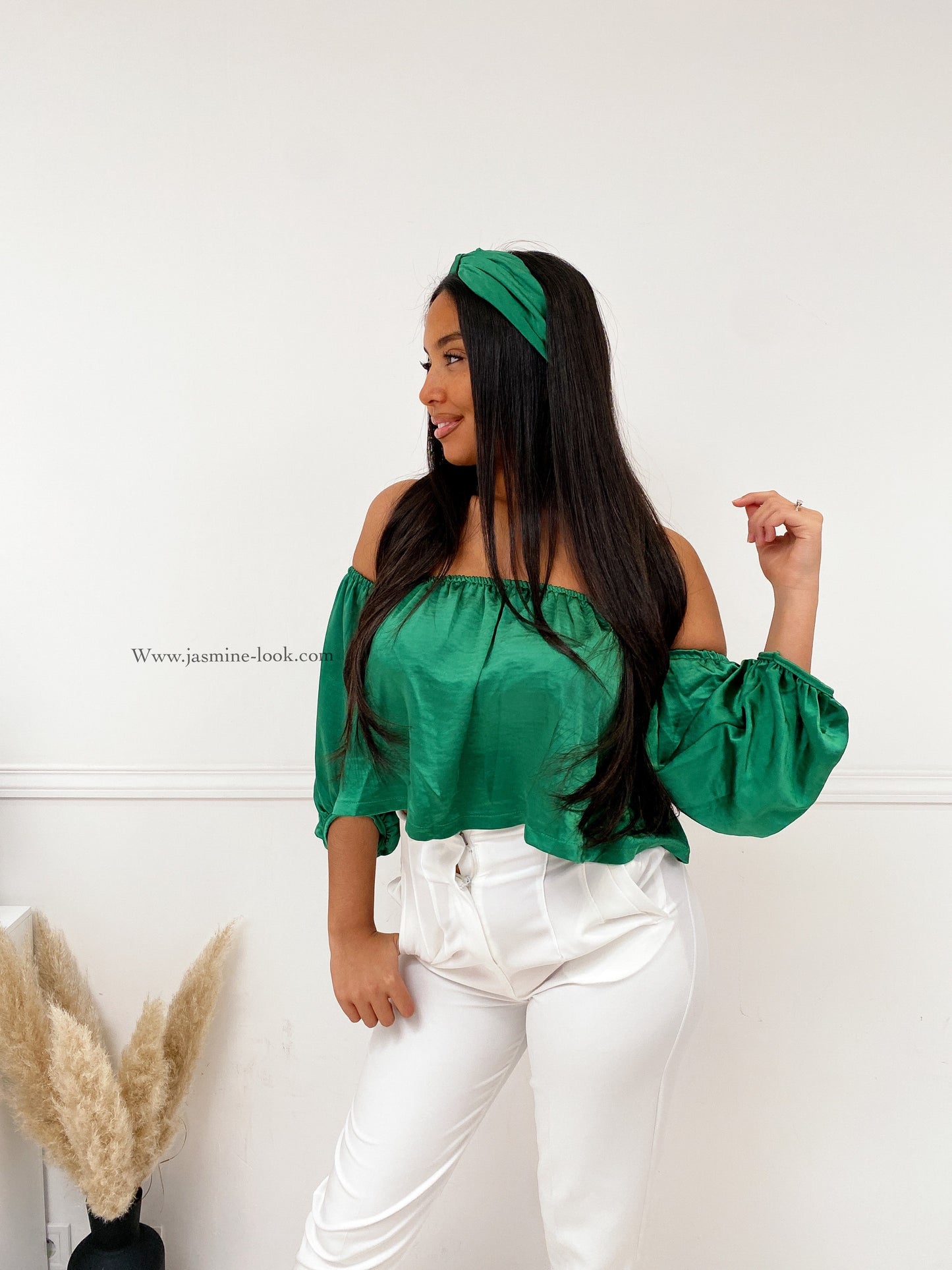 Green satin Bardot top