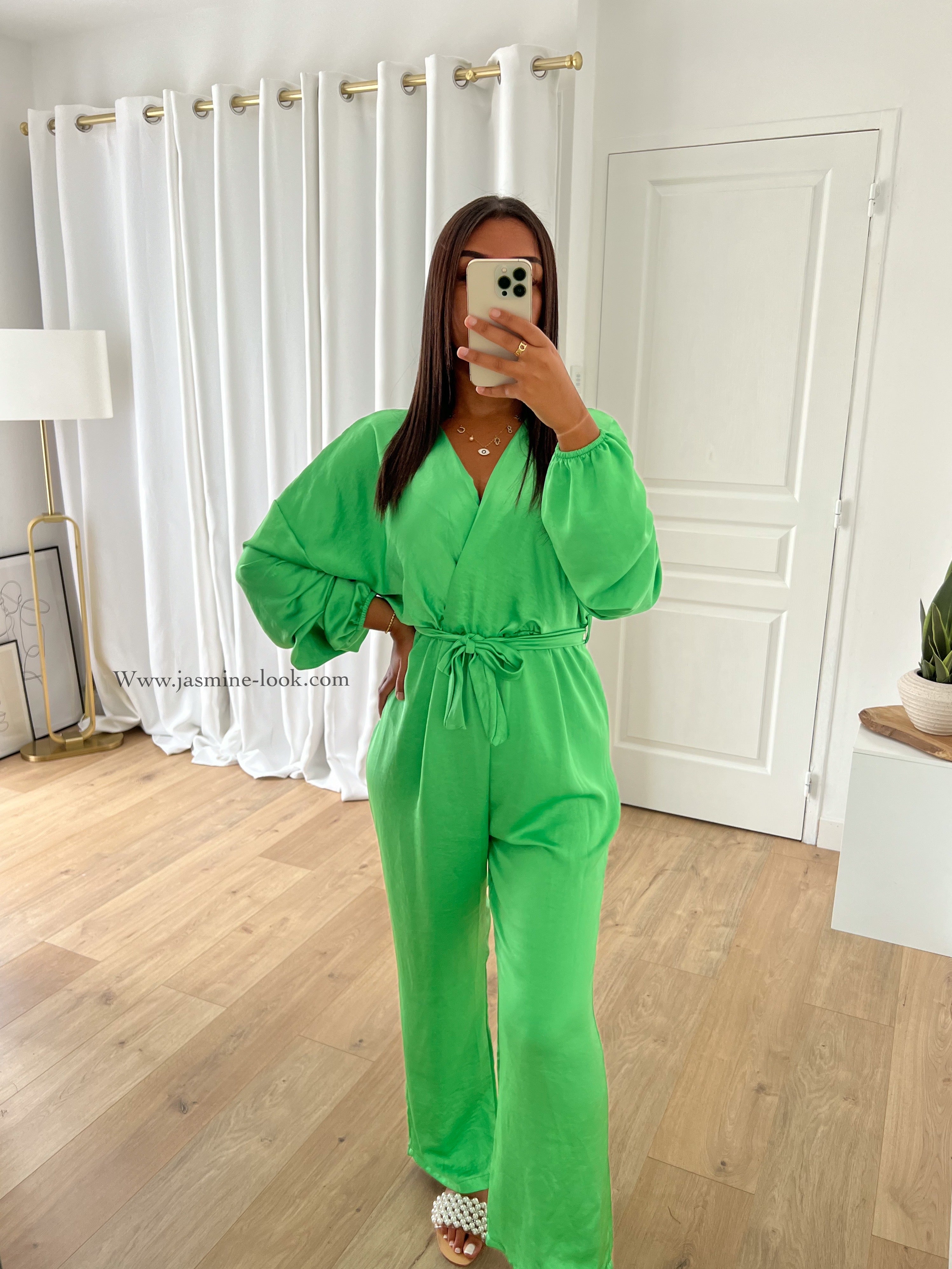 Green silk jumpsuit deals