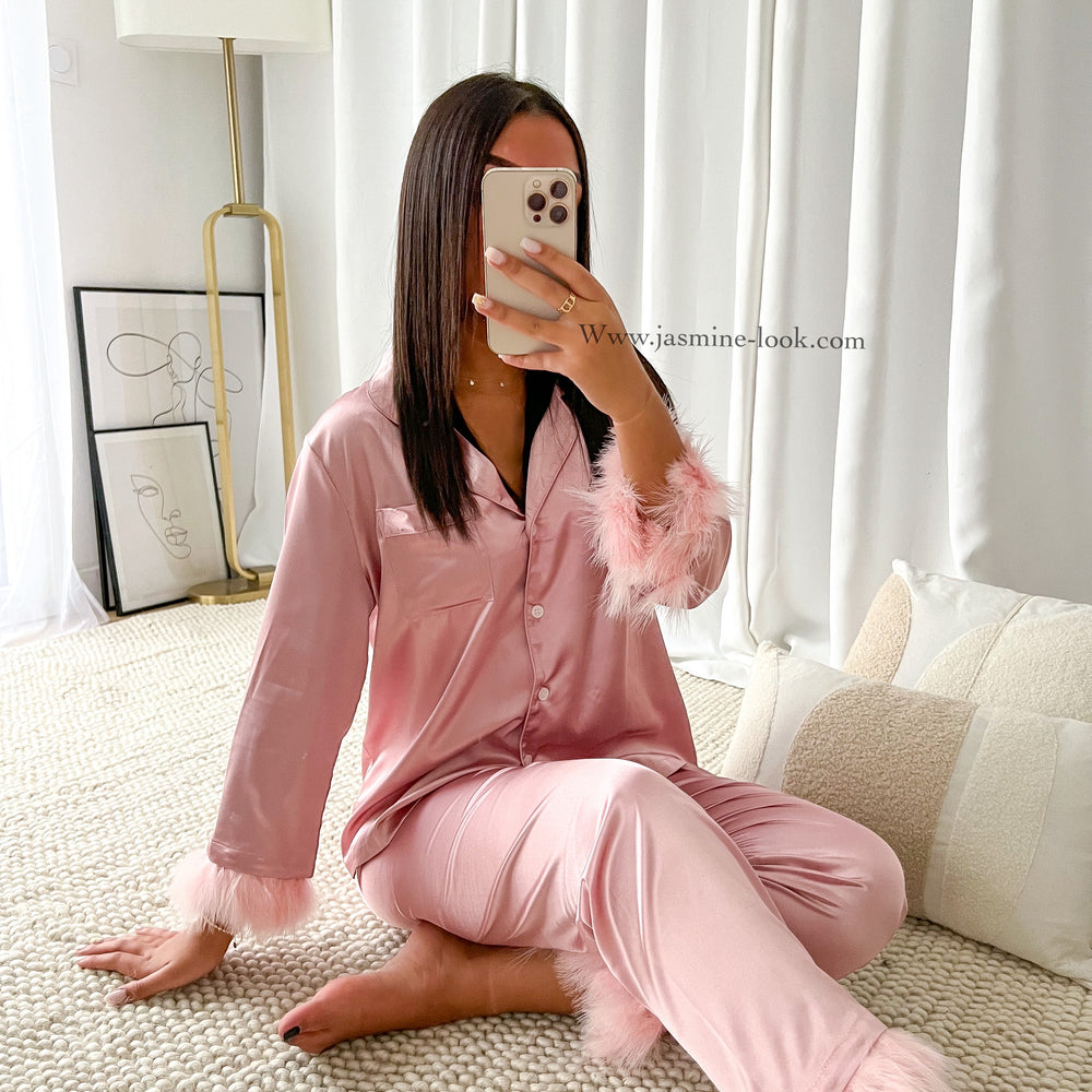Pink feather satin pajamas