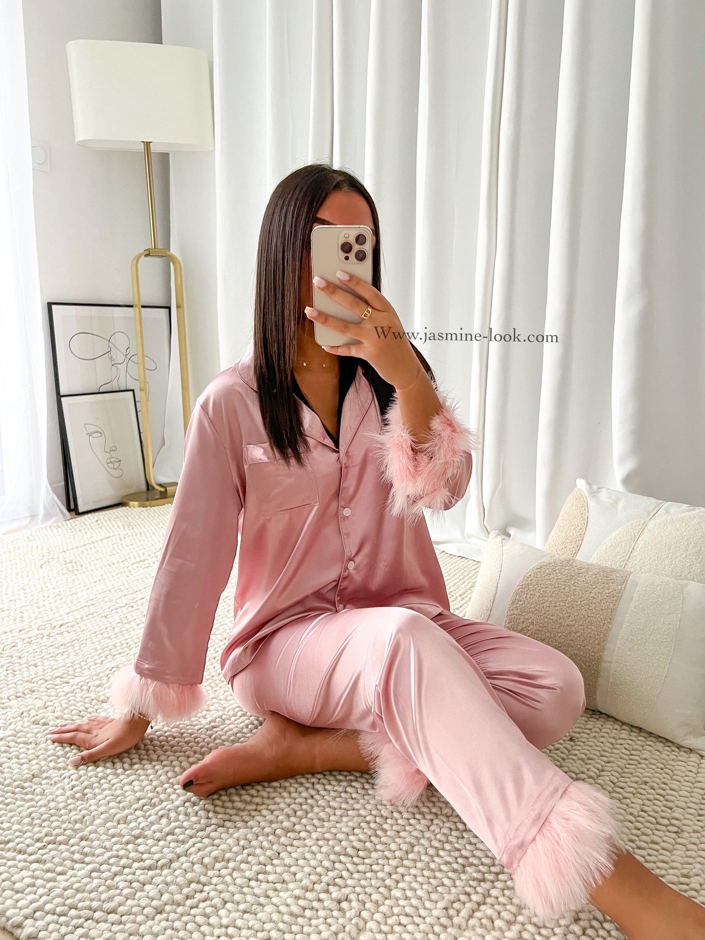 Pink feather satin pajamas