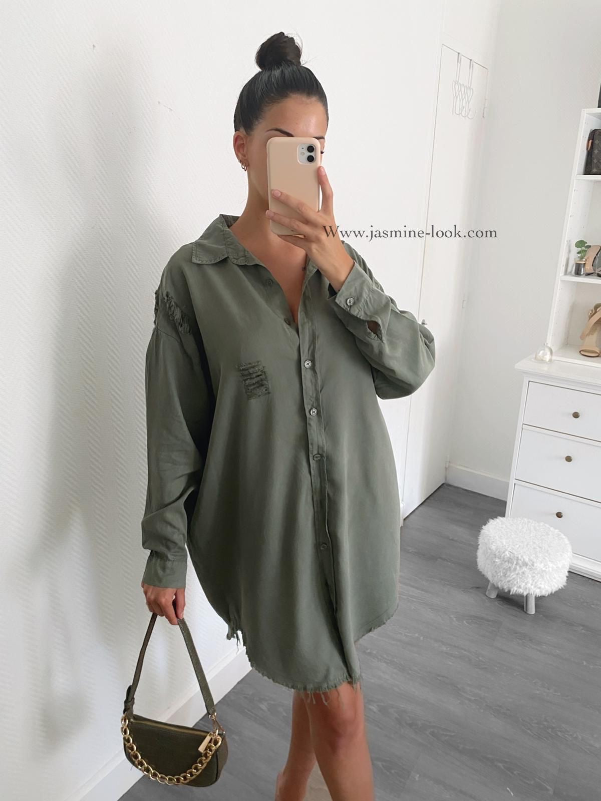 Destroy Khaki Shirt Dress