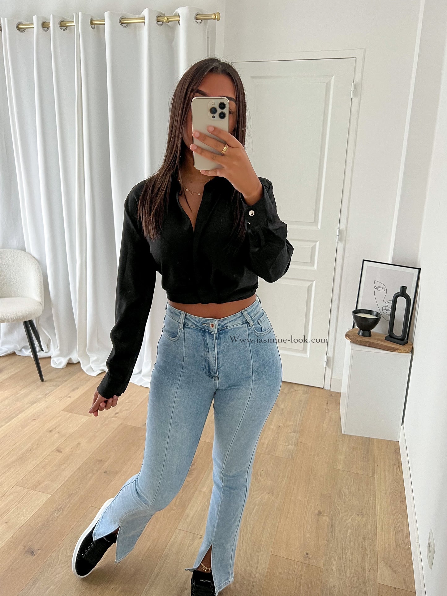 Black satin crop blouse