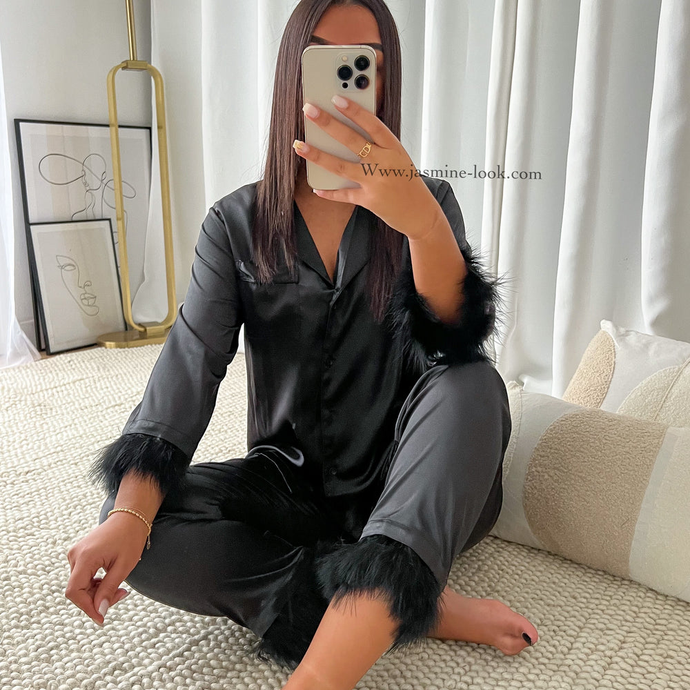 Black feather satin pajamas