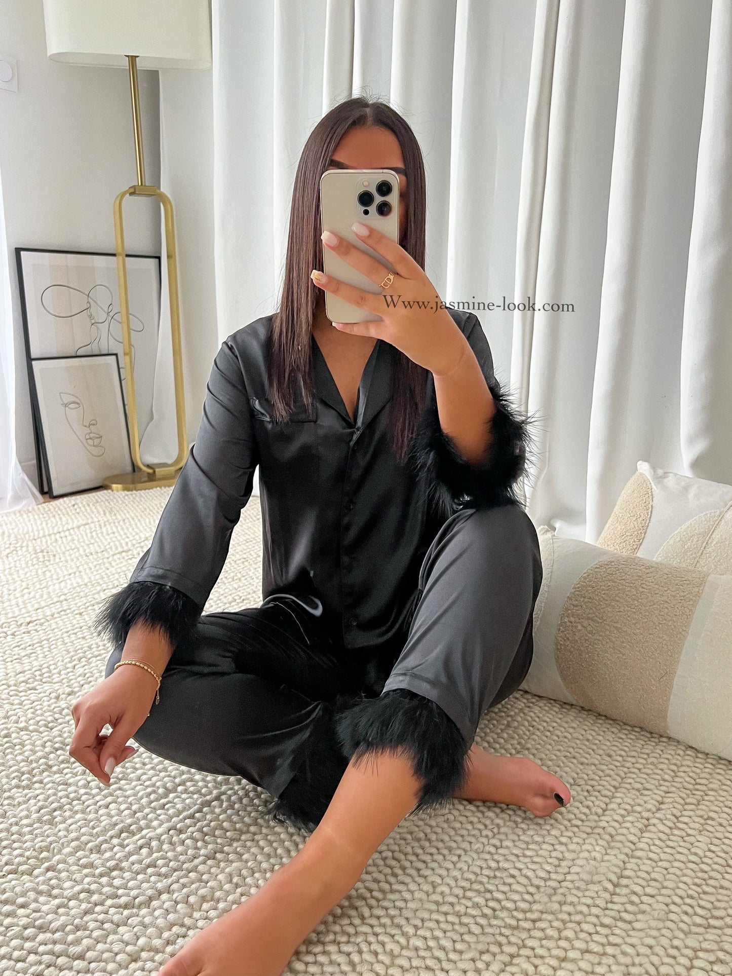 Black feather satin pajamas